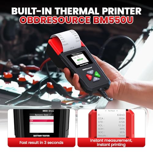 OBDResource BM550 Ultra Car Battery Tester with Printer 100-2000 CCA Load Capacity for 6V 12V 24V Batteries,Automotive Digital Battery Analyzer for Truck, Boat, RV, Marine Vehicle and More - color: black with printer