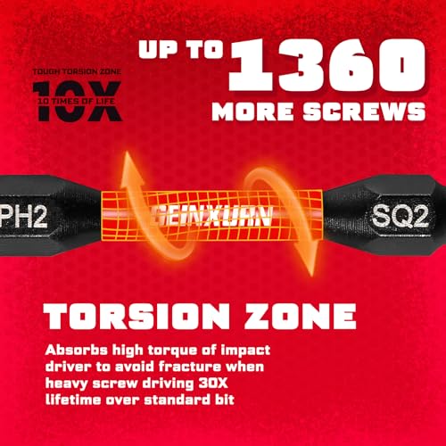 Geinxurn 10Pcs PH2-SQ2 Impact Double End Screwdriver Bit Set, 2.56 in. #2 Phillips /#2 Square Power Driver Bits, Magnetic S2 Steel Two Sides Screwdriver Bits Set with Storage M-Box - style: 2.56"-PH2/SQ2-10PC