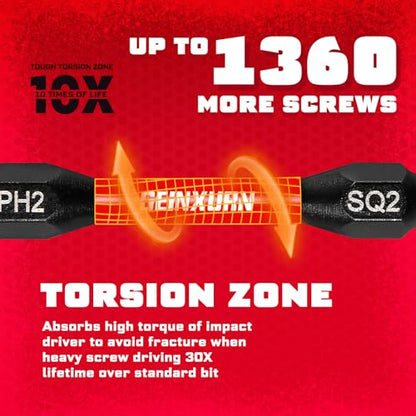Geinxurn 10Pcs PH2-SQ2 Impact Double End Screwdriver Bit Set, 2.56 in. #2 Phillips /#2 Square Power Driver Bits, Magnetic S2 Steel Two Sides Screwdriver Bits Set with Storage M-Box - style: 2.56"-PH2/SQ2-10PC