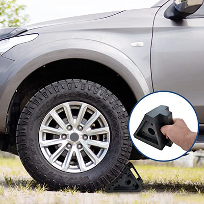 HOXWELL Solid Heavy Duty Rubber Wheel Chocks 4 Packs, Premium Wheel Stopper for Car, Travel Trailers, RV, Truck, and ATV(4 pcs, Black) 8" x 4" x 6" - color: Black 4 pack