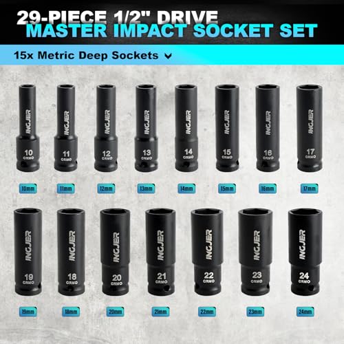 1/2" 29PCS Impact Socket Set, Upgrade CR-MO 6 Point Socket Set,SAE (3/8"-1") & Metric (10-24mm), Standard & Deep Sockets with Extension Bars, High Torque, Ideal for Truck Bearing Locknut. - size: 1/2inch 29PCS DEEP