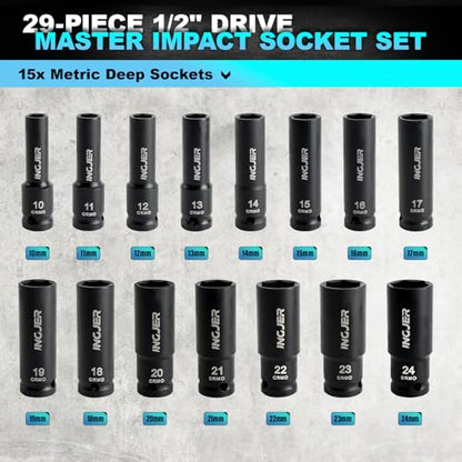 1/2" 29PCS Impact Socket Set, Upgrade CR-MO 6 Point Socket Set,SAE (3/8"-1") & Metric (10-24mm), Standard & Deep Sockets with Extension Bars, High Torque, Ideal for Truck Bearing Locknut. - size: 1/2inch 29PCS DEEP