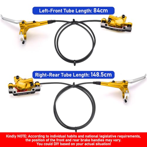 TOBWOLF Premium Gold MTB Hydraulic Disc Brake Set, Pre-Bled Dual Piston Aluminum Calipers & Levers with 160mm Rotors, Left Front 810MM & Right Rear 1470MM for Mountain Bike, E-Bike, Fat Bike - color: Gold Hydraulic Disc Brake Set - Dual Piston