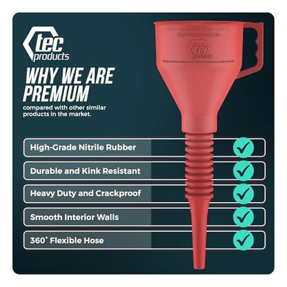 TEC Products FlexAll Long Flexible Funnels - Automotive Oil Funnel with Hose, Durable Nitrile Rubber for Oil Change, Transmission Funnel Fluid, Diesel, Fuel, Gas - Made in USA - Red (12 x 4 Inches) - color: Red, size: Small