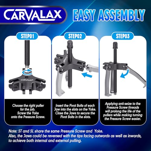 CARVALAX Gear Puller Set, 2T 5T and 5T Wide-Spread - Heavy Duty CR-V Steel 2 & 3 Reversible Jaw Bearing/Pulley Puller – Professional Automotive & Industrial Tool Kit for Mechanics, DIYers - size: 2T&5T&5L