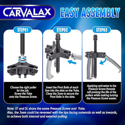 CARVALAX Gear Puller Set, 2T 5T and 5T Wide-Spread - Heavy Duty CR-V Steel 2 & 3 Reversible Jaw Bearing/Pulley Puller – Professional Automotive & Industrial Tool Kit for Mechanics, DIYers - size: 2T&5T&5L