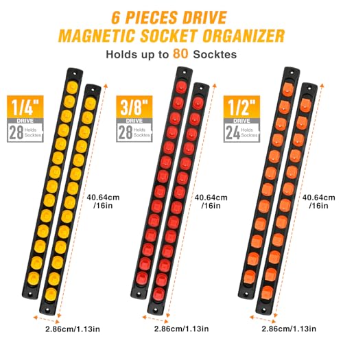 GOOACC Magnetic Socket Organizer 1/4" 3/8" 1/2" Socket Holder Set Heavy Duty Aluminum Socket Rail Organizers for Tool Box Drawer, 6 Pieces Magnetic Socket Rails Holds 80 Swivel Clips Orange Red Yellow - size: Rail Magnetic 6PC 1/4"3/8"1/2"Orange Red Yello