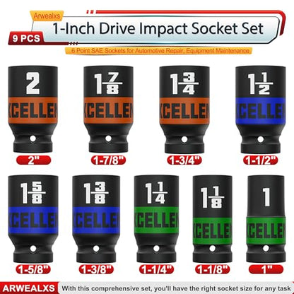 9 Pieces 1-Inch Drive Impact Socket Set, 1" to 2" Jumbo Socket, 6 Point SAE Sockets for Automotive Repair, Equipment Maintenance - size: 1 Inch SAE Axle