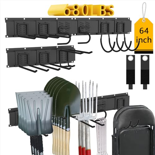 CBWLWJ Garage Tool Organizer Wall Mount, 64 inch Garage Wall Organizer, 680lbs Sturdy Garden Tool Organizer with 9 Adjustable Hooks, for Yard, Shed, Basement, Workshop(Black) - size: 64inch+9Hooks