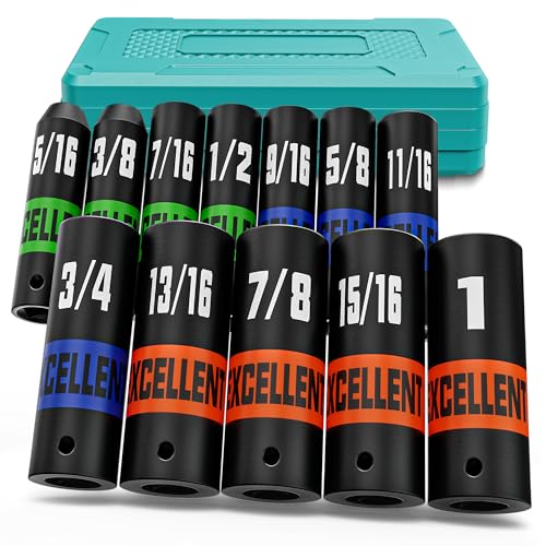 12 Pieces 3/8-Inch Drive Impact Socket Set, 5/16" to 1" Deep Socket, 6 Point SAE Sockets for Automotive Repair, Equipment Maintenance - size: 3/8 Inch SAE Deep