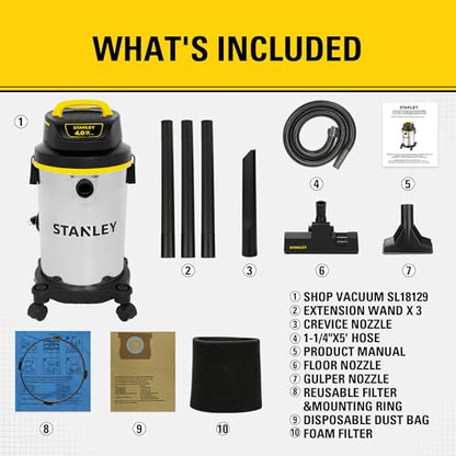 STANLEY 4 Gallon Shop Vacuum Wet and Dry, 4 Peak HP Stainless Steel | Compact Shop Vac, Portable Wet Dry Vacuum Cleaner, for Garage, Workshop, Basement, Car Detailing, Outdoor