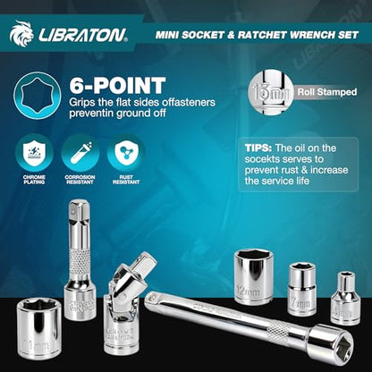 LIBRATON 1/4" Drive Mini Socket & Ratchet Wrench Set with Bits, 4-13mm Shallow Sockets, Magnetic Driver Handle, Extension Bars & Universal Joint, with Storage Case for DIY, Auto Repair