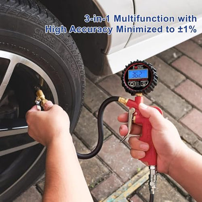 FOVAL Digital Tire Inflator with Pressure Gauge 250 PSI Air Chuck Compressor Accessories with Rubber Hose and Quick Connect Coupler for 0.1 Display Resolution (1)