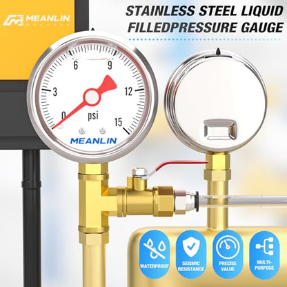 MEANLIN MEASURE 0~15Psi Stainless Steel 1/8" NPT 1.5" FACE DIAL, Glycerin Filled Pressure Gauge, Liquid Filled, Water Oil Air, Lower Mount, with 1/4" NPT and 3/8" NPT Hex Bushing - size: 0-15Psi