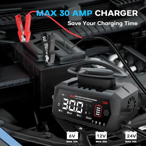 30-Amp Battery Charger for Lithium LiFePo4 Lead Acid Deep Cycle (AGM/Gel), 6V/12V/24V Battery Charger & Maintainer, Trickle Charger for Car Truck Motorcycle Lawn Mower Marine