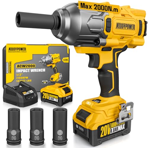 ALLOYPOWER Cordless Brushless Impact Wrench, 1475 ft-lbs (2000N.m), 1/2 High Torque power impact gun, 3-Mode Speed, 4000mAh Battery, 3 Sockets, Electric Impact Wrench Set for Car Tire Truck RV Mower - style: 1475Ft-lbs /1x Battery