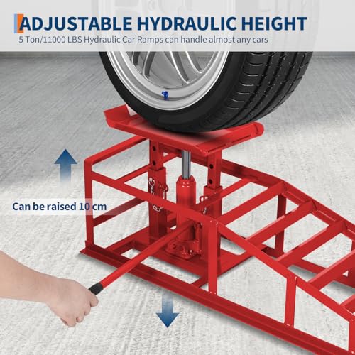 Heavy Duty Hydraulic Car Ramps 2 Pack, 5T/11000 Lbs Low Profile Adjustable Steel Lift Ramps for Trucks, SUVs & Low Cars, 9.4"–13.3" Height, Oil Changes, Garage Repairs & Maintenance – Red - color: Red