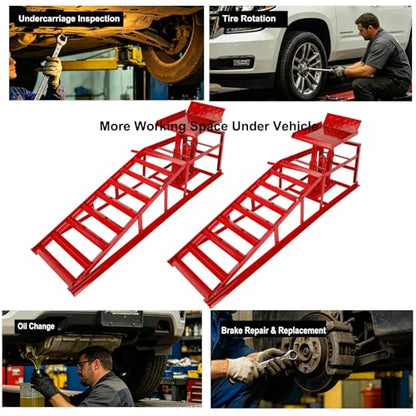2-Pack 5 Ton Low Profile Hydraulic Car Ramps with Built-in Jack, Adjustable Vehicle Lift Service Ramps, 9.8" to 15" Height Range, Heavy Duty Steel Ramps for Oil Changes, SUVs & Light Trucks - color: Red
