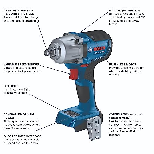 BOSCH GDS18V-330CN 18V Brushless Cordless Connected-Ready 1/2 In. Mid-Torque Impact Wrench with Friction Ring and Thru-Hole (Bare Tool) - style: Tool Only