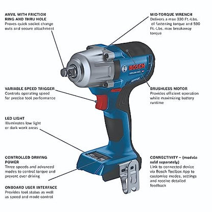 BOSCH GDS18V-330CN 18V Brushless Cordless Connected-Ready 1/2 In. Mid-Torque Impact Wrench with Friction Ring and Thru-Hole (Bare Tool) - style: Tool Only