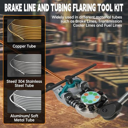 Brake Line Flaring Tool Kit Double Flare Tool for Brake Lines and Tubing Flaring Tool, 45 Degree Flare, Single Flare, Bubble Flare, 3/16", 1/4", 5/16", 3/8" and 4.75mm Steel Copper Metal Tubing