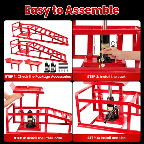 2PCS 5T 11060lbs Hydraulic Car Ramps, Heavy Duty Hydraulic Vehicle Ramps Lift Ramp, Portable Car Ramps for Oil Changes, Car Lifts for Home Garage, Vehicle Auto Garage Repair, Mens Gifts Ideas - color: Red