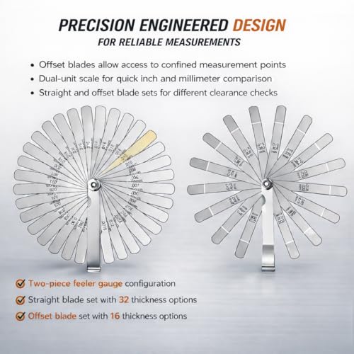 Feeler Gauges Set, 2pcs Stainless Steel, 32 Straight & 16 Angled Blades, Dual Marked SAE/Metric, Spark Plug Gap Tool for Valves, Automotive, Piston, Guitar (32 Straight & 16 Angled Blades)