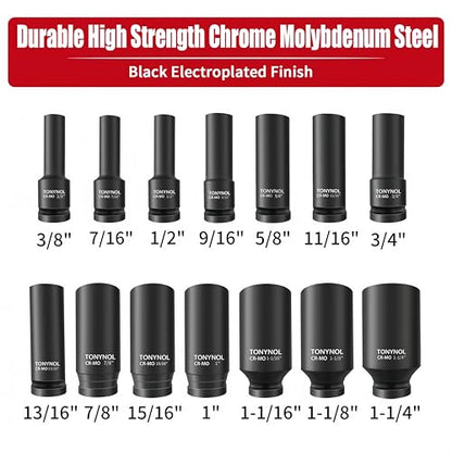 TONYNOL 1/2 Inch Deep Drive Impact Socket Set,6-Point,SAE(3/8" to 1-1/4"),14 Pcs,Cr-Mo Steel,With a Storage Case - size: 1/2" 14PC Deep SAE (9.5-32mm), style: 6-Points