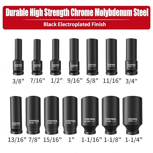 TONYNOL 1/2 Inch Deep Drive Impact Socket Set,6-Point,SAE(3/8" to 1-1/4"),14 Pcs,Cr-Mo Steel,With a Storage Case - size: 1/2" 14PC Deep SAE (9.5-32mm), style: 6-Points