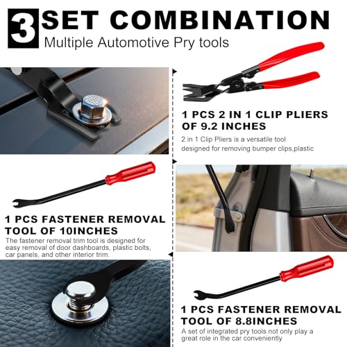 3 PCS Clip Removal Tool,Clip Pliers Fastener Remover,Car Trim Rivet Removal Pry Tool for Automotive Door Panel,Upholstery,Dashboard Red - color: red