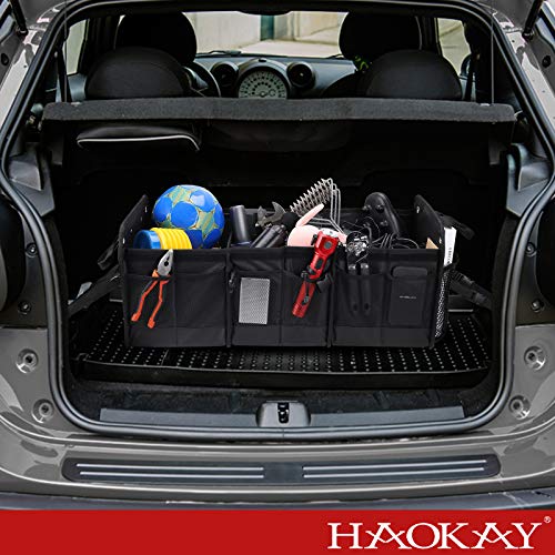 HAOKAY Car Trunk Organizer with Lid，Heavy Duty Extra Large Premium Black Oxford Multi Compartments Collapsible trunk organizer for SUV, Van, Truck, Sedan, Jeep （90L - size: 3 Compartments with Lid