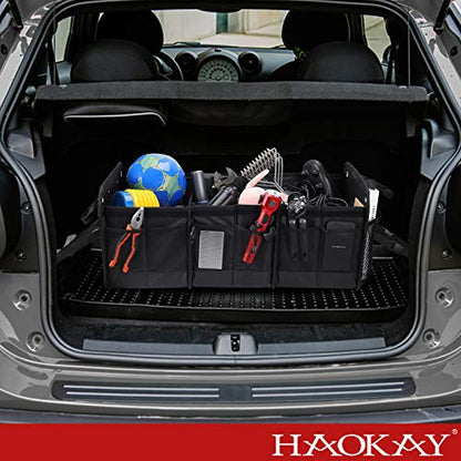 HAOKAY Car Trunk Organizer with Lid，Heavy Duty Extra Large Premium Black Oxford Multi Compartments Collapsible trunk organizer for SUV, Van, Truck, Sedan, Jeep （90L - size: 3 Compartments with Lid