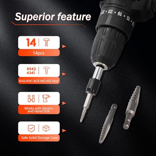 14PCS Spiral Screw Extractor Set with Tungsten Carbide Tip Scriber Pen, Left Hand Drill Bits Set 6542/4341 HSS Steel Cobalt with 1/4'' Adapter, Removing Stripped Screws Bolts - size: Upgarded Kit-14PCS with Tungsten Pen
