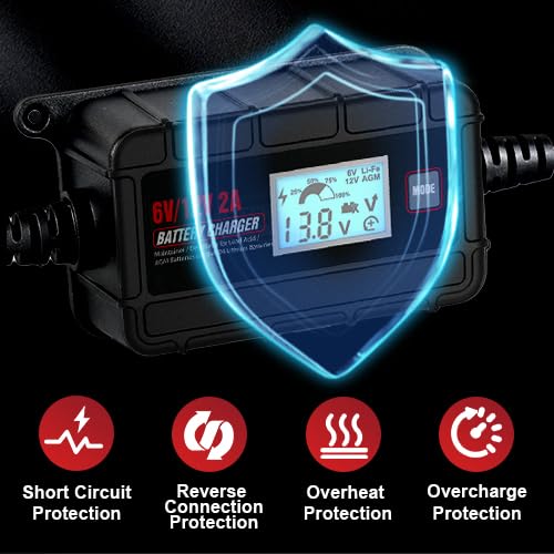 TN TONNY 6V 12V Battery Charger 2A Car Battery Maintainer, 6/12V Lead Acid & 14.6V LiFePO4/12.6V Li-ion Battery Trickle Charger Maintainer for Car/Motorcycle/ATV/Lawn Mower