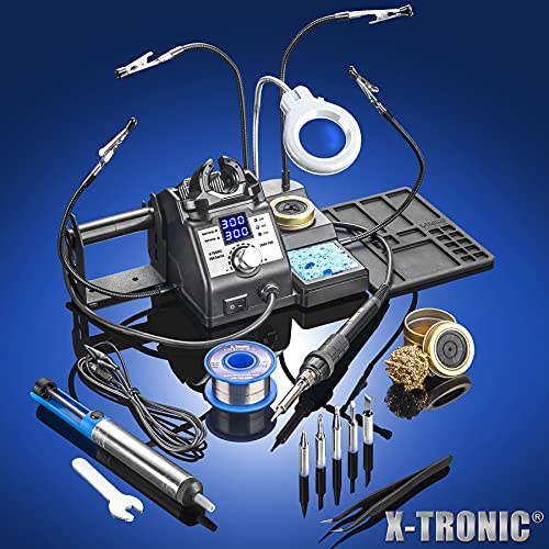 X-Tronic 3060-PRO • 75W Soldering Iron Station Kit • 5 Extra Tips • Mini Mag Lamp • 4 Helping Hands • Solder Sucker • Tweezers • 50g Solder • Brass Sponge w/Flux • Sleep Func, °C/°F, 3 Temp Presets! - style: PRO - w/5 Solder Tips & All Accessories