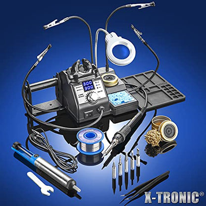 X-Tronic 3060-PRO • 75W Soldering Iron Station Kit • 5 Extra Tips • Mini Mag Lamp • 4 Helping Hands • Solder Sucker • Tweezers • 50g Solder • Brass Sponge w/Flux • Sleep Func, °C/°F, 3 Temp Presets! - style: PRO - w/5 Solder Tips & All Accessories