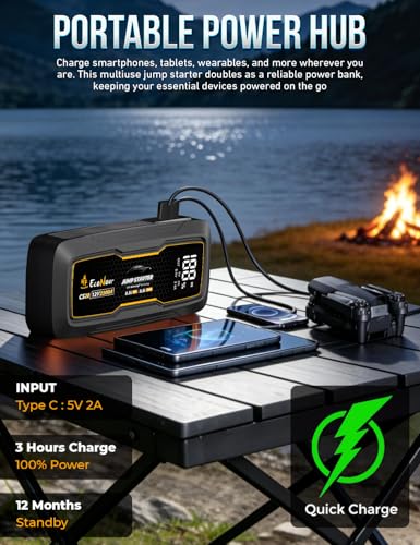 EcoNour 2500A Car Battery Jump Starter 12V Battery Booster Pack Up to 8.5L Gas & 8.5L Diesel Engines – Jump Box with Jumper Cables, USB Charger, LCD Display, LED Flashlight – for Cars, SUVs, Trucks - color: Black, size: 2500A