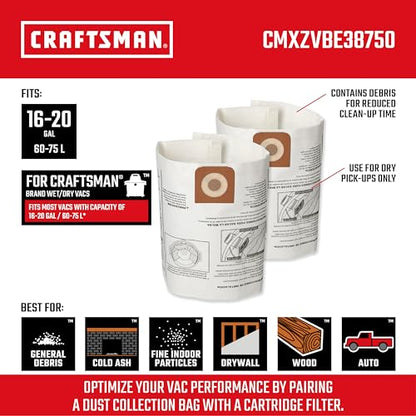 CRAFTSMAN CMXZVBE38750 Genuine 16-20 Gal. Wet Dry Vac Dust Collection Bags | For Fine Dust, Fits Most 16 and 20 Gallon CRAFTSMAN Shop Vacuums, Collects Dry Fine Debris, Reduces Cleanup Time, 2-Pack - style: 16-20 Gallon Fine Dust