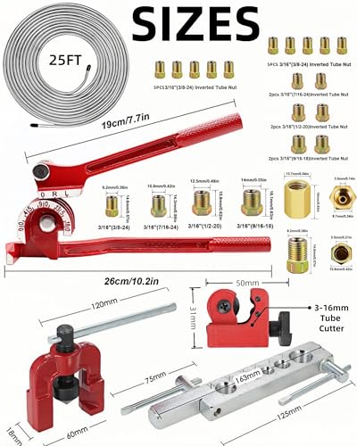 3/16 Inch 26Pcs Brake Line Bender Flaring Tool Include 25FT Zinc-Plated Copper Coated Brake Bending Lines and Single Flare Cutter Repair Kit 16 Rust-Resistant Fitting 4 Nut 2 Union, Sliver - color: Sliver
