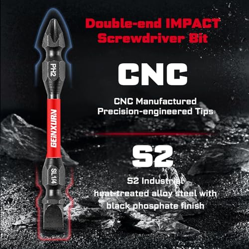 Geinxurn 10Pcs SL1/4-PH2 Impact Double End Screwdriver Bit Set, 2.56 in. #2 Phillips/Power Driver Bits, Magnetic S2 Steel Two Sides Screwdriver Bits Set with Storage M-Box - style: 2.56"-PH2/SL1/4-10PC