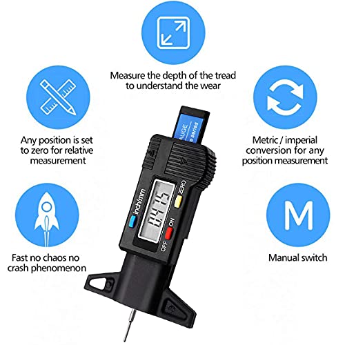 Tire Tread Depth Gauge, Digital Tire Tread Depth Gauge LCD with Inch and MM Conversion of 0-0.98 Inches, Tread Checker Tire Tester for Cars Motorcycle Trucks Vans SUV, Black