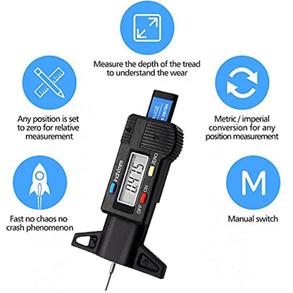 Tire Tread Depth Gauge, Digital Tire Tread Depth Gauge LCD with Inch and MM Conversion of 0-0.98 Inches, Tread Checker Tire Tester for Cars Motorcycle Trucks Vans SUV, Black