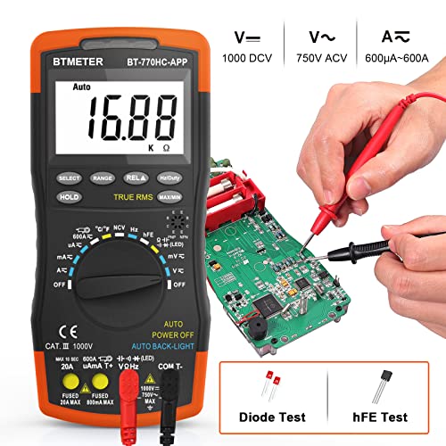 BTMETER Digital Multimeter, Handheld TRMS 6000 Multi Meter Auto Range Voltmeter Ammeter Measure AC DC Volt Amp Ohm Continuity Capacitance Frequency Diode hFE Transistor Temp 770HC-APP - color: 6000 Counts Multimeter Logger 770HCAPP
