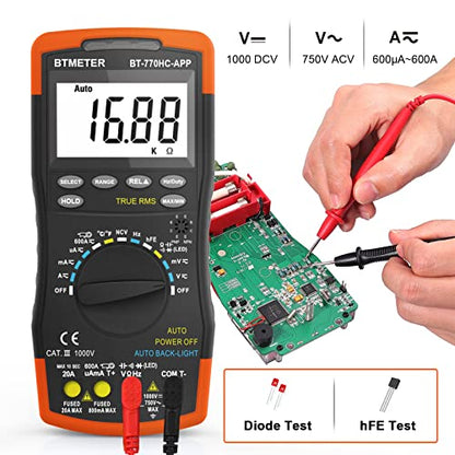 BTMETER Digital Multimeter, Handheld TRMS 6000 Multi Meter Auto Range Voltmeter Ammeter Measure AC DC Volt Amp Ohm Continuity Capacitance Frequency Diode hFE Transistor Temp 770HC-APP - color: 6000 Counts Multimeter Logger 770HCAPP