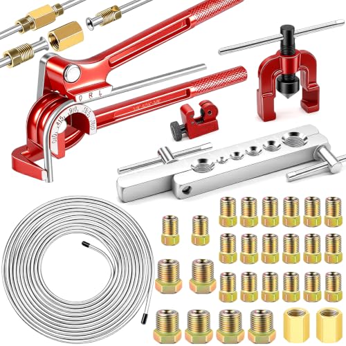 smseace 26Pack 1/4 Inch Brake line kit Includes 25FT Zinc-Plated Brake Lines with Fittings(16pcs Fittings,2pcs Union+4pcs Nut)，Brake line Bender，Single Flaring Tool，Pipe Cutter 1/4 Inch Brake Lines - color: Silver-A, size: 1/4inch