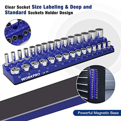 WORKPRO Magnetic Socket Organizer, 3/8-Inch Metric Socket Holder | Hold 30-Piece Sockets, Suitable for Standard and Deep Socket, Magnetic Base, No Scratches Installation, Sockets not Included - size: 3/8" DR - Metric