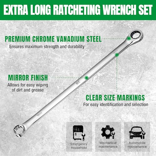 SK Extra Long Ratcheting Wrench Set, Double Box End Wrench Set, 12-Piece, Metric, 8 mm to 19 mm, 72-Tooth, Premium CR-V Construction, with Rolling Pouch