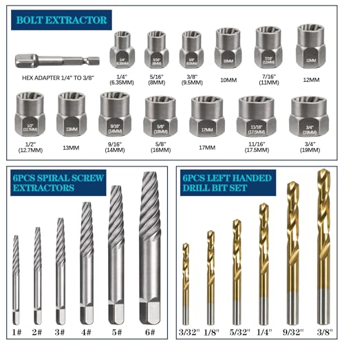 DOAHO 26 Piece Impact Bolt and Spiral Screw Extractor Set with Left Hand Reverse Drill Bit Kit for Easy Out Damaged Stripped Broken Screw Lug Bolt Nut Remove with Hex Adapter