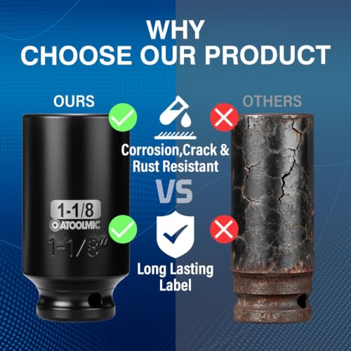 1/2" Drive x 1-1/8 Inch Deep 6PT CR-MO Impact Socket for Removing Axle nut | SAE Socket,6-Point Radius Corner Design,Two Size Markings,Square Chamfered Opening,For Removal of Axle Nut - size: 1-1/8 Inch, style: 1/2" Drive Deep Socket