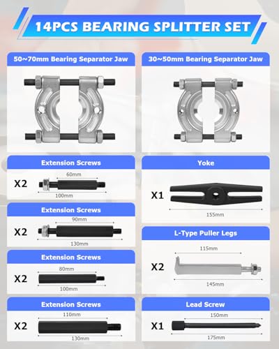 DAYUAN 14Pcs Bearing Separator Puller Set, Bearings Splitters Puller Tool | Heavy Duty 5 Ton Capacity, 2" & 3" Bearing Separators, Drop-Forged Heat-Treated Steel, 4 Sets Push-Puller Legs, Blue Case - color: Blue